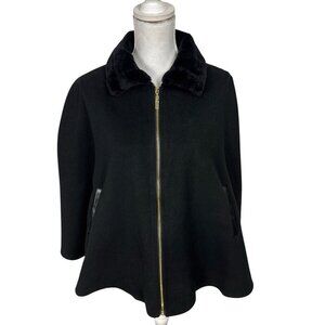 BCBG Women's One Size Faux Fur Collar Felted Full Zip Poncho‎ Black NWT